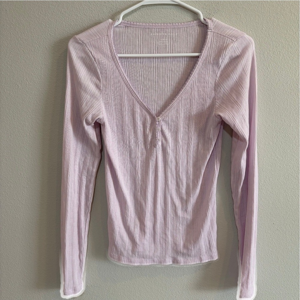 American‎ Eagle Ribbed Pointelle Henley Top M Light Pink Long Sleeve Coquette